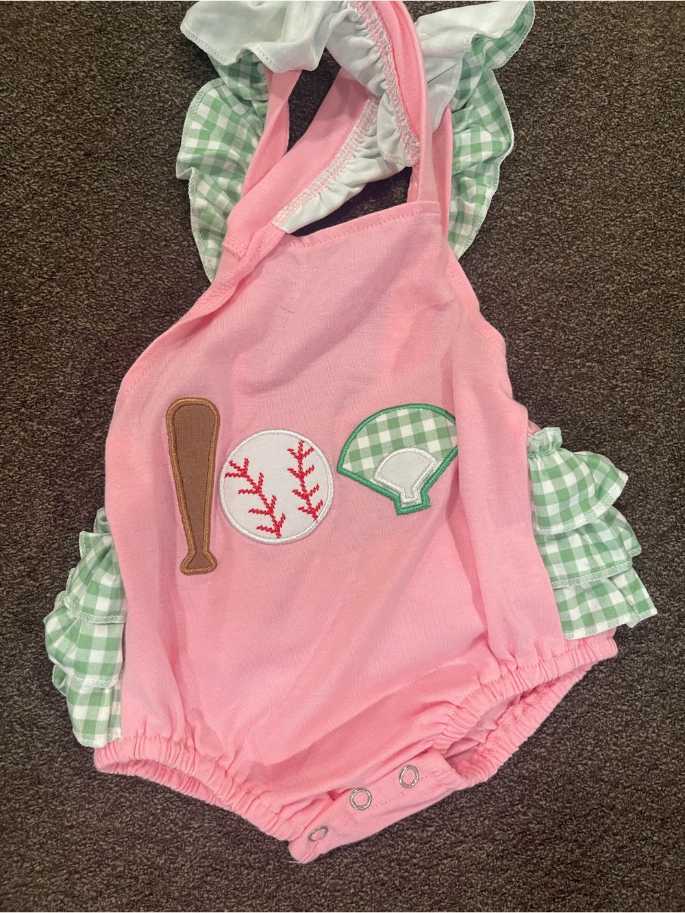Pink Baby Romper with Green Gingham Ruffles